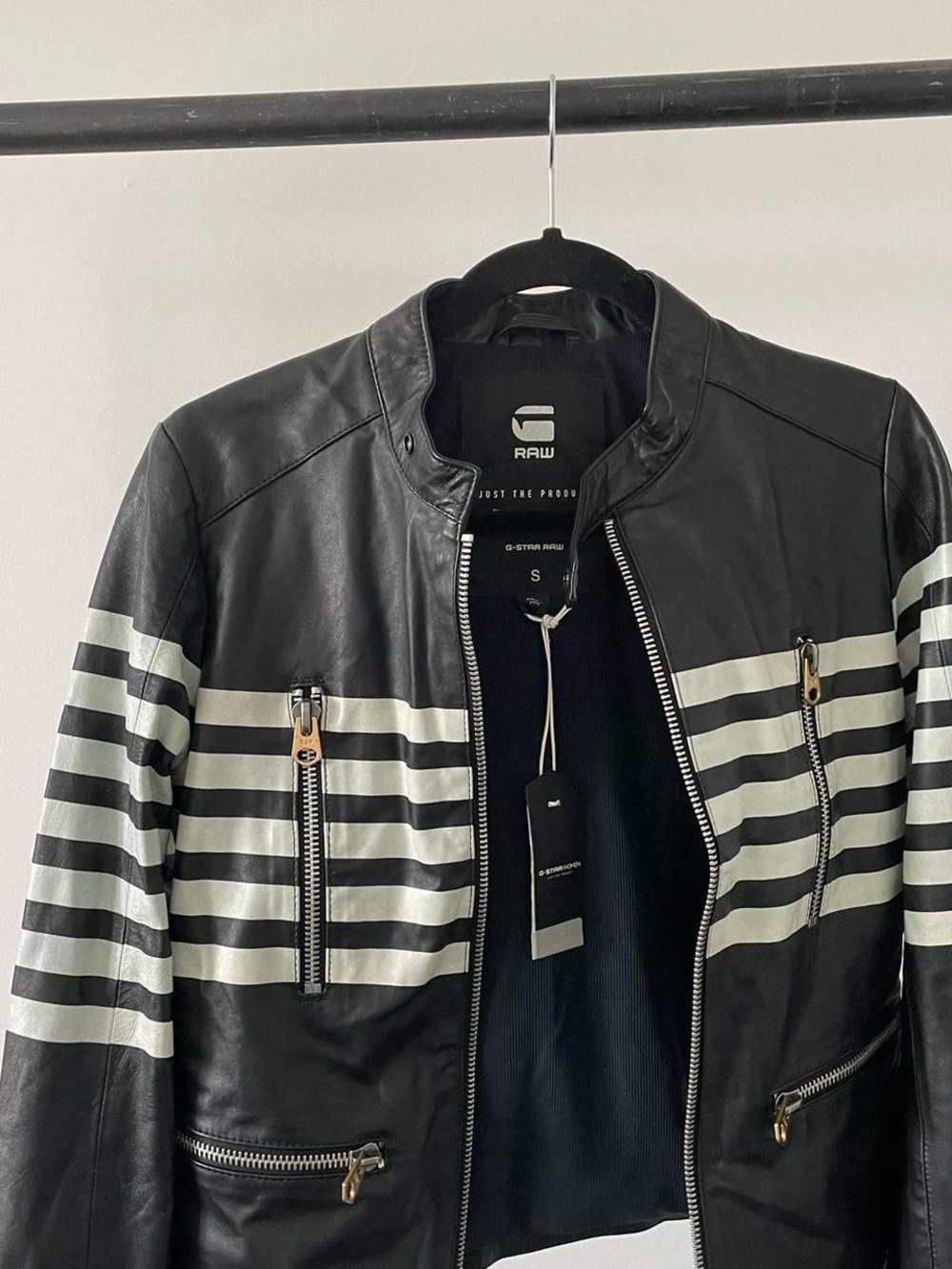 G-Star Black Leather Jacket with White Stripe Detail -